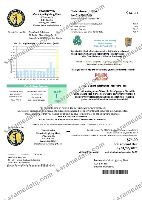 USA Massachusetts Town of Rowley Municipal Lighting Plant electricity business utility bill template in Word and PDF formats